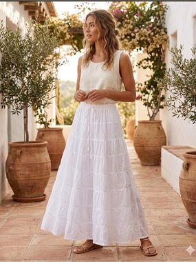 First Image by Shirin White Cotton Tiered Boho Maxi Skirt Swiss Dot Embroidery